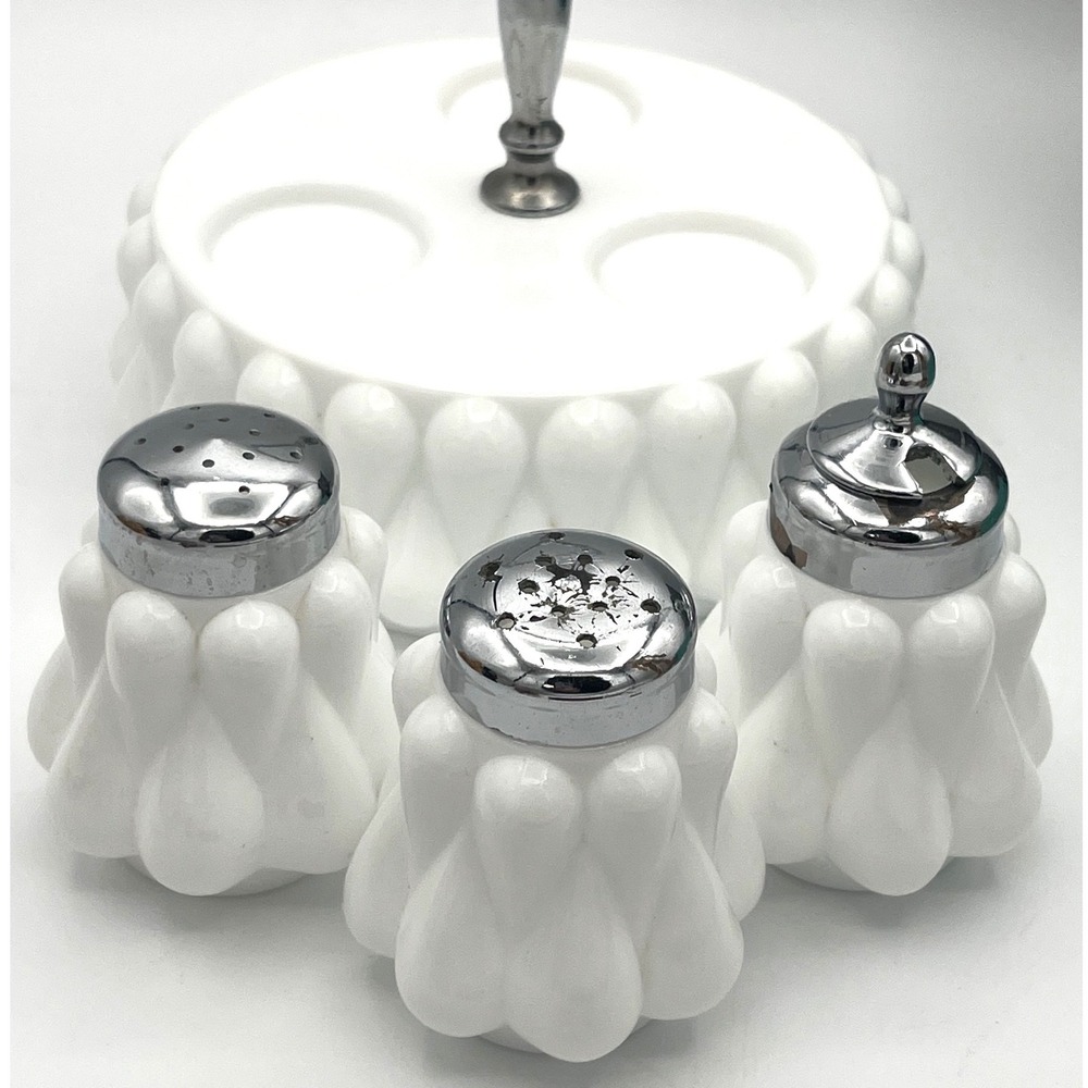 Fenton Art Glass Teardrop Milk Glass Condiment Set No Spoon 1958 - 1966 - 4 Pc - Picture 4 of 11